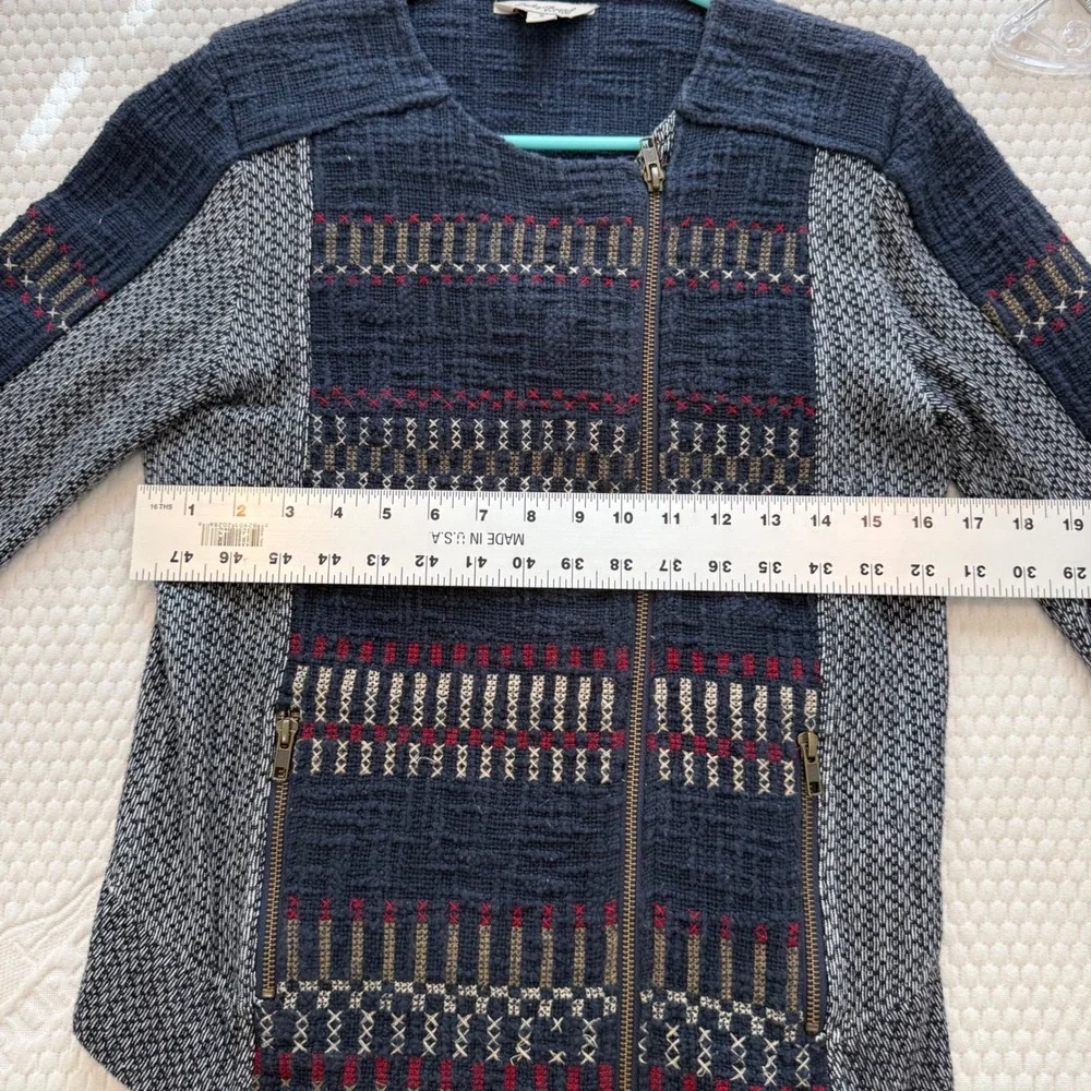 Lucky Brand Navy Blue Embroidered Moto Jacket Cotton Knit Gray Geometric Small